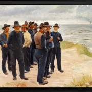 Michael Ancher - Skagen Fischer am Strand mit Blick aufs Meer 1925 | Giclée Kunstdruck gerahmt