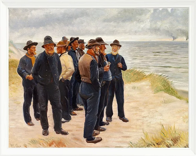 Michael Ancher - Skagen Fischer am Strand mit Blick aufs Meer 1925 | Giclée Kunstdruck gerahmt