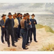 Michael Ancher - Skagen Fischer am Strand mit Blick aufs Meer 1925 | Giclée Kunstdruck gerahmt