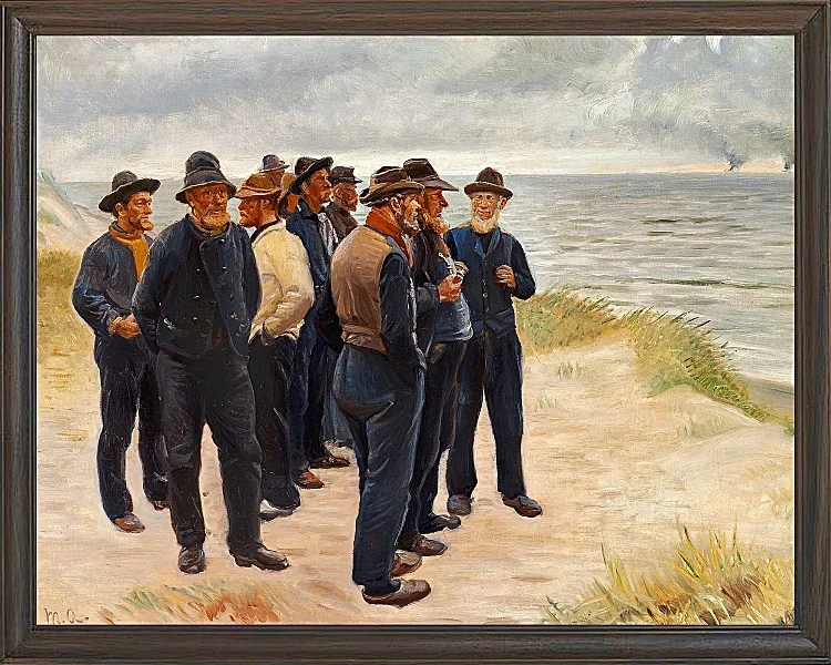 Michael Ancher - Skagen Fischer am Strand mit Blick aufs Meer 1925 | Giclée Kunstdruck gerahmt