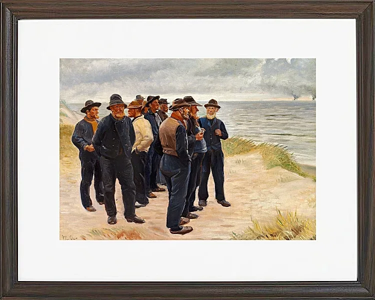 Michael Ancher - Skagen Fischer am Strand mit Blick aufs Meer 1925 | Giclée Kunstdruck gerahmt