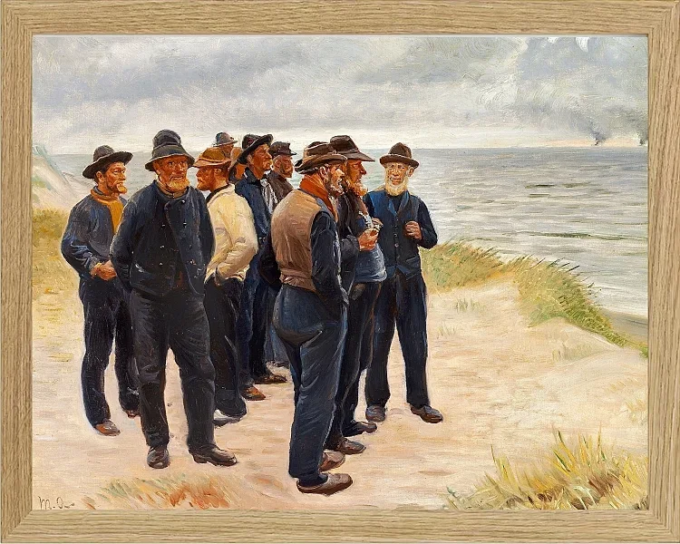 Michael Ancher - Skagen Fischer am Strand mit Blick aufs Meer 1925 | Giclée Kunstdruck gerahmt