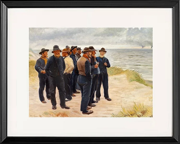 Michael Ancher - Skagen Fischer am Strand mit Blick aufs Meer 1925 | Giclée Kunstdruck gerahmt