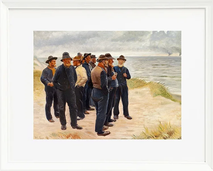 Michael Ancher - Skagen Fischer am Strand mit Blick aufs Meer 1925 | Giclée Kunstdruck gerahmt