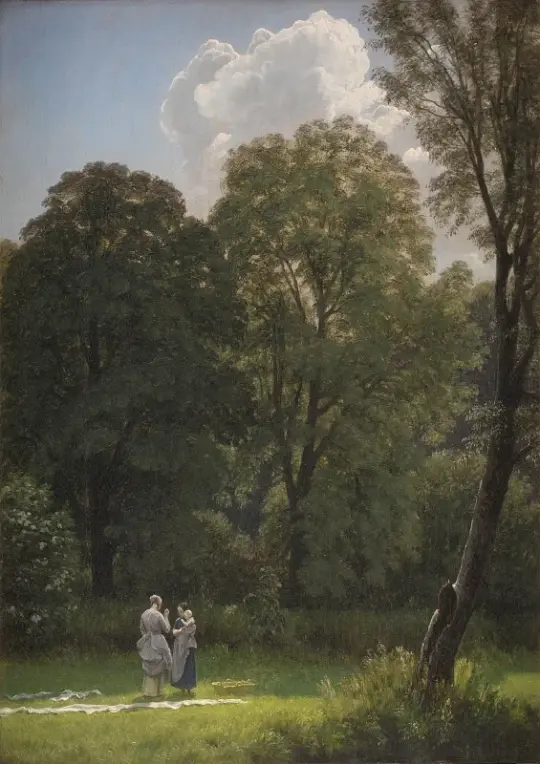 Peter Christian Skovgaard | Blegning af linned på en lysning – 1857 | Indrammet kunsttryk | Danmarks Guldalder