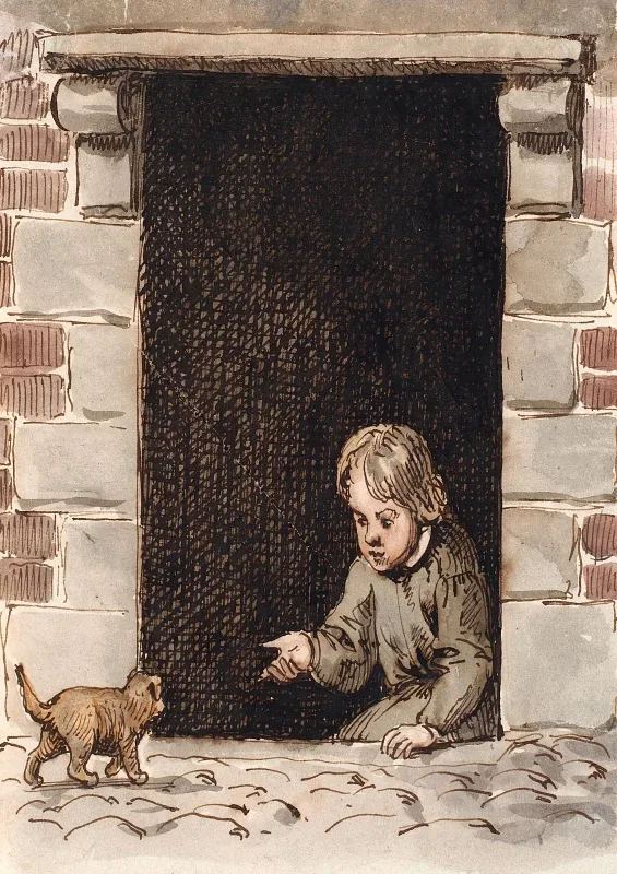 Peter Christian Skovgaard | Ein Junge, der in einem Kellereingang sitzt – 1843 | Gerahmter Kunstdruck | Goldenes Zeitalter Dänemark