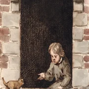 Peter Christian Skovgaard | Ein Junge, der in einem Kellereingang sitzt – 1843 | Gerahmter Kunstdruck | Goldenes Zeitalter Dänemark