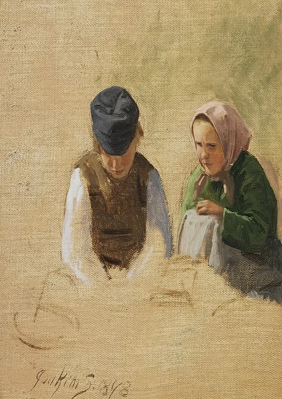 Peter Christian Skovgaard | Bondedreng og syende bondepige - 1878 | Indrammet kunsttryk | Danmarks Guldalder