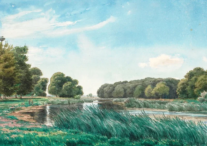 Peter Christian Skovgaard | Trærigt landskab med en sø og tre børn der står og fisker - 1844 | Indrammet kunsttryk | Danmarks Guldalder