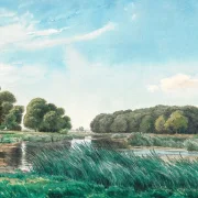 Peter Christian Skovgaard | Trærigt landskab med en sø og tre børn der står og fisker - 1844 | Indrammet kunsttryk | Danmarks Guldalder