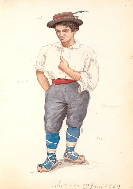 Peter Christian Skovgaard | Italiensk mand med snøresko og hat med fjer - 1869 | Indrammet kunsttryk | Danmarks Guldalder