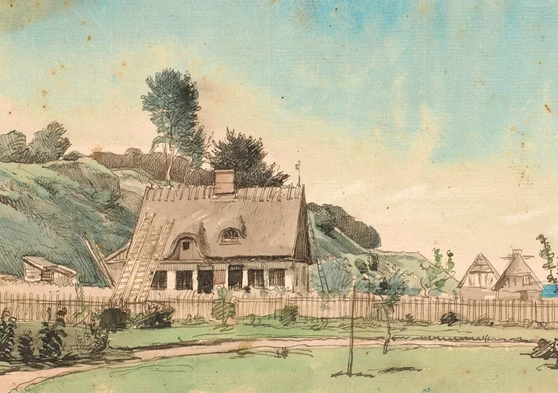 Peter Christian Skovgaard | Kystlandskab med stråtækte huse - 1840 | Indrammet kunsttryk | Danmarks Guldalder