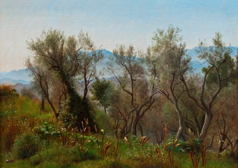 Peter Christian Skovgaard | Olive Trees near Olevano - 1869 | Indrammet kunsttryk | Danmarks Guldalder