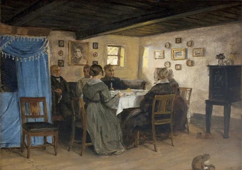 Peter Christian Skovgaard | Kunstnerens venner og familie siddende rundt om et bord - 1842 | Indrammet kunsttryk | Danmarks Guldalder