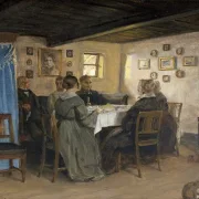 Peter Christian Skovgaard | Kunstnerens venner og familie siddende rundt om et bord - 1842 | Indrammet kunsttryk | Danmarks Guldalder