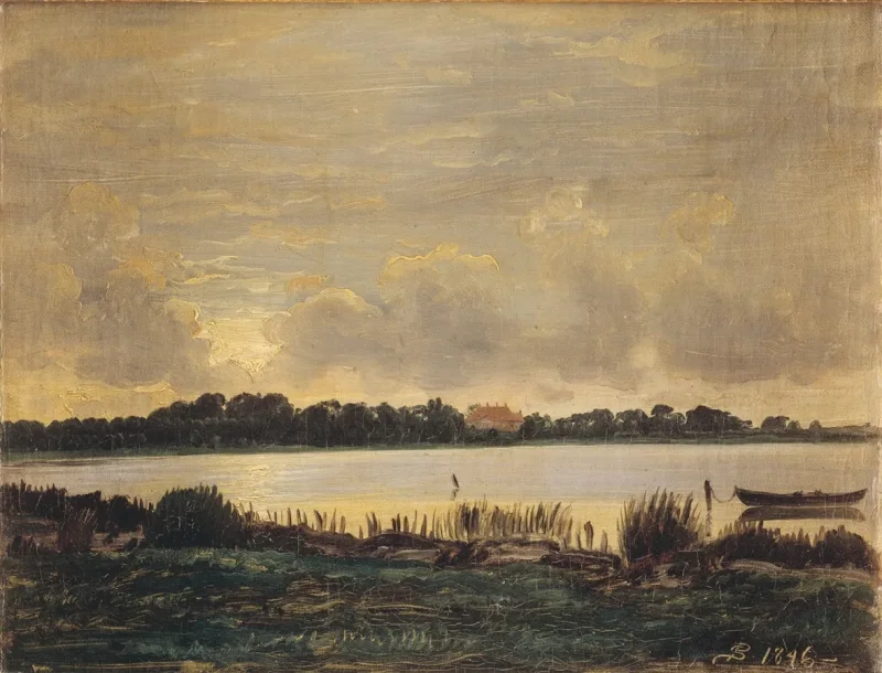 Peter Christian Thamsen Skovgaard – Blick über den Præstø-Fjord auf das Herrenhaus von Nysø 1845 | Indrammet giclée-kunsttryk