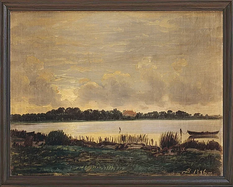 Peter Christian Thamsen Skovgaard – Blick über den Præstø-Fjord auf das Herrenhaus von Nysø 1845 | Indrammet giclée-kunsttryk