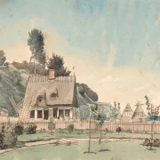 Peter Christian Thamsen Skovgaard – Küstenlandschaft mit reetgedeckten Häusern 1840 | Indrammet giclée-kunsttryk