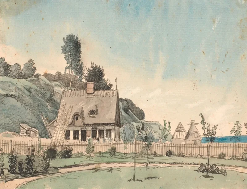 Peter Christian Thamsen Skovgaard – Küstenlandschaft mit reetgedeckten Häusern 1840 | Indrammet giclée-kunsttryk