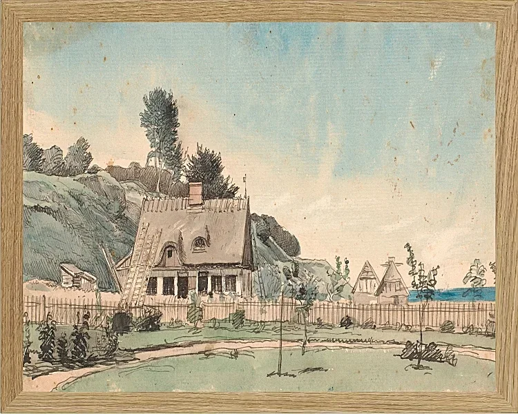 Peter Christian Thamsen Skovgaard – Küstenlandschaft mit reetgedeckten Häusern 1840 | Indrammet giclée-kunsttryk