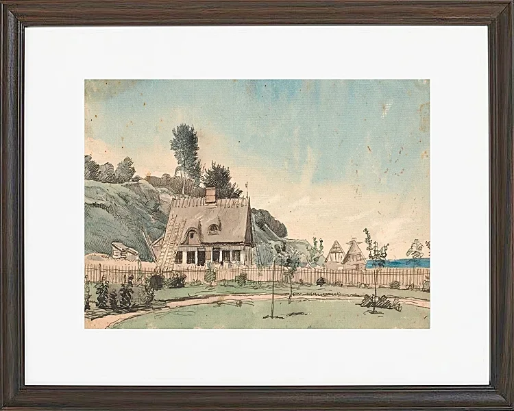 Peter Christian Thamsen Skovgaard – Küstenlandschaft mit reetgedeckten Häusern 1840 | Indrammet giclée-kunsttryk