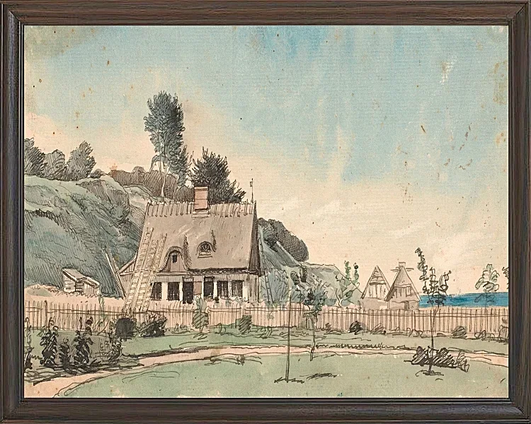 Peter Christian Thamsen Skovgaard – Küstenlandschaft mit reetgedeckten Häusern 1840 | Indrammet giclée-kunsttryk