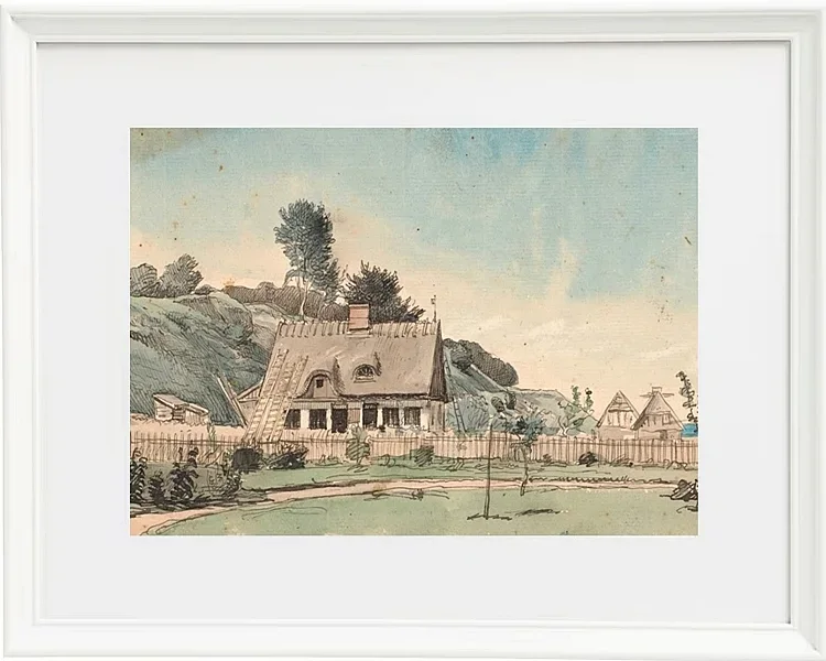 Peter Christian Thamsen Skovgaard – Küstenlandschaft mit reetgedeckten Häusern 1840 | Indrammet giclée-kunsttryk