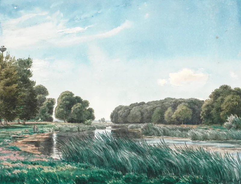 Peter Christian Thamsen Skovgaard – Waldlandschaft mit einem See und drei stehenden und angelnden Kindern 1844 | Indrammet giclée-kunsttryk