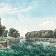 Peter Christian Thamsen Skovgaard – Waldlandschaft mit einem See und drei stehenden und angelnden Kindern 1844 | Indrammet giclée-kunsttryk