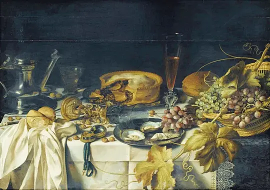 Pieter Claesz | Stilleben med en husskade, kurv med druer, tinkande og ur - 1640 | Indrammet kunsttryk | Barok | formida
