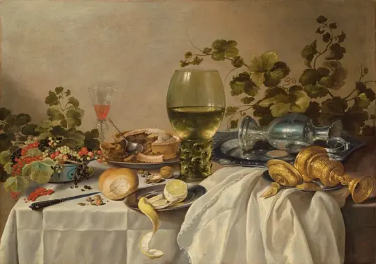 Pieter Claesz | Sammlung von Silber- und Glaswaren auf einem drapierten Tisch – 1639 | Giclée Kunstdruck gerahmt