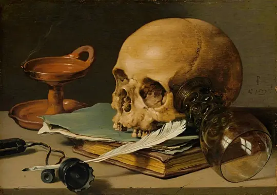 Pieter Claesz | Stilleben med et kranium og en skrivepind - 1628 | Indrammet kunsttryk | Barok | formida