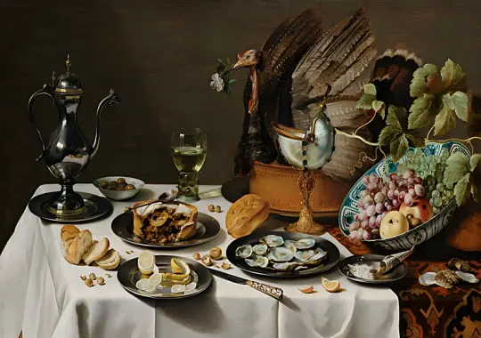 Pieter Claesz | Stilleben med kalkuntærte - 1627 | Indrammet kunsttryk | Barok | formida