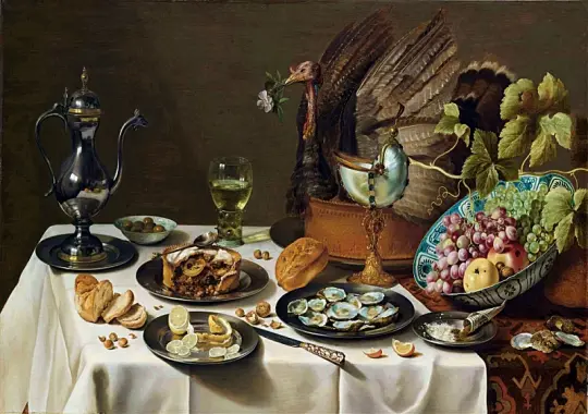 Pieter Claesz | Stilleben med kalkuntærte - 1627 | Indrammet kunsttryk | Barok | formida