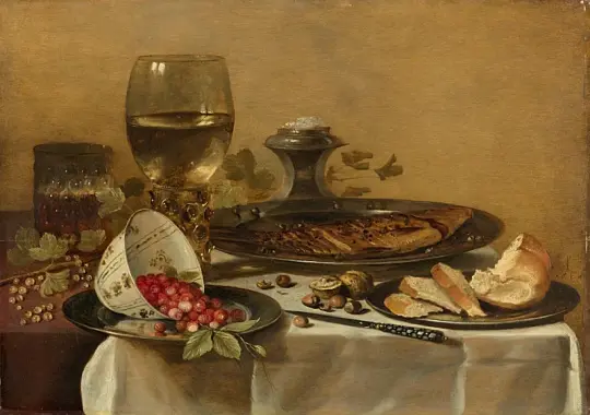 Pieter Claesz | Stilleben med rømer, røget sild, valnødder og vilde jordbær - 1628 | Indrammet kunsttryk | Barok | formida