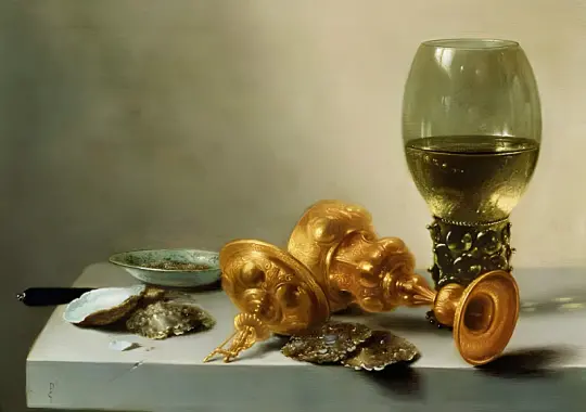 Pieter Claesz | Et stilleben med en pokal og en forgyldt kop - 1630 | Indrammet kunsttryk | Barok | formida