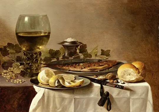 Pieter Claesz | Stilleben med sild, vin og brød - 1647 | Indrammet kunsttryk | Barok | formida