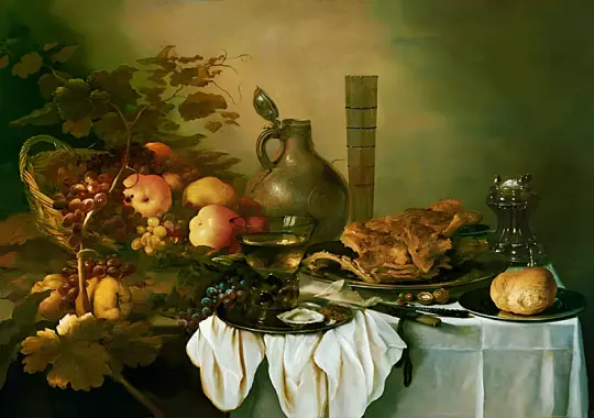 Pieter Claesz | Et stilleben med en roemer, østers, en bolle og kød - 1628 | Indrammet kunsttryk | Barok | formida