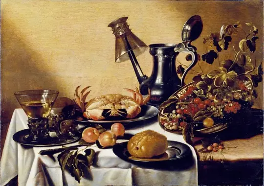 Pieter Claesz | Stilleben med krabbe og frugt - 1628 | Indrammet kunsttryk | Barok | formida