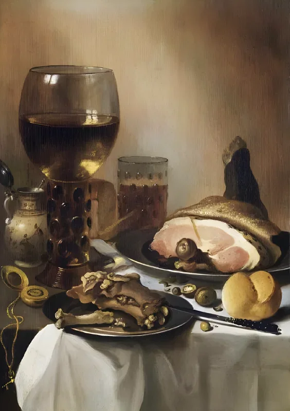 Pieter Claesz | Stilleben med skinke, kød og et guldlommeur - 1651 | Indrammet kunsttryk | Barok | formida
