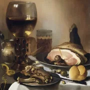 Pieter Claesz | Stilleben med skinke, kød og et guldlommeur - 1651 | Indrammet kunsttryk | Barok | formida