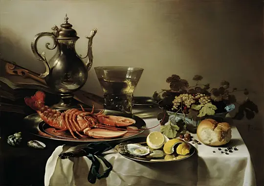 Pieter Claesz | Bord med hummer, sølvkande, violin og bøger - 1641 | Indrammet kunsttryk | Barok | formida