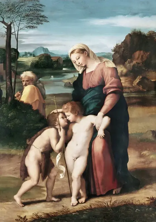 Raffael | Die Heilige Familie mit dem heiligen Johannes - 1514 | Giclée Kunstdruck gerahmt