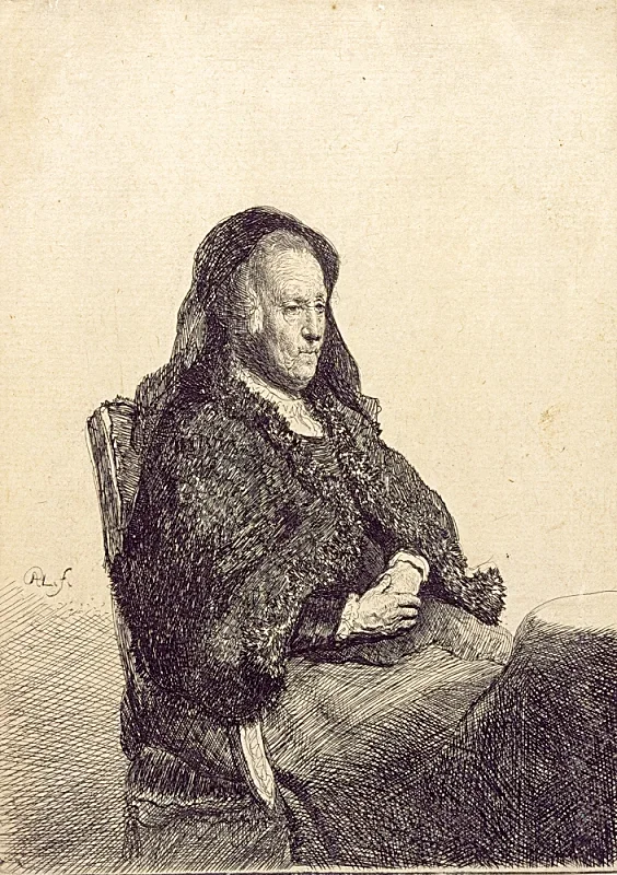 Rembrandt van Rijn | Rembrandts mor, siddende ved et bord - 1631 | Indrammet kunsttryk | Barok | formida