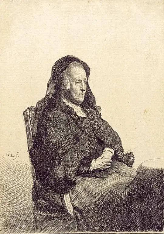 Rembrandt van Rijn | Rembrandts mor, siddende ved et bord - 1631 | Indrammet kunsttryk | Barok | formida