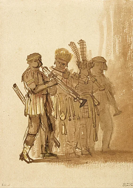 Rembrandt van Rijn | Fire musikere med blæseinstrumenter - 1638 | Indrammet kunsttryk | Barok | formida