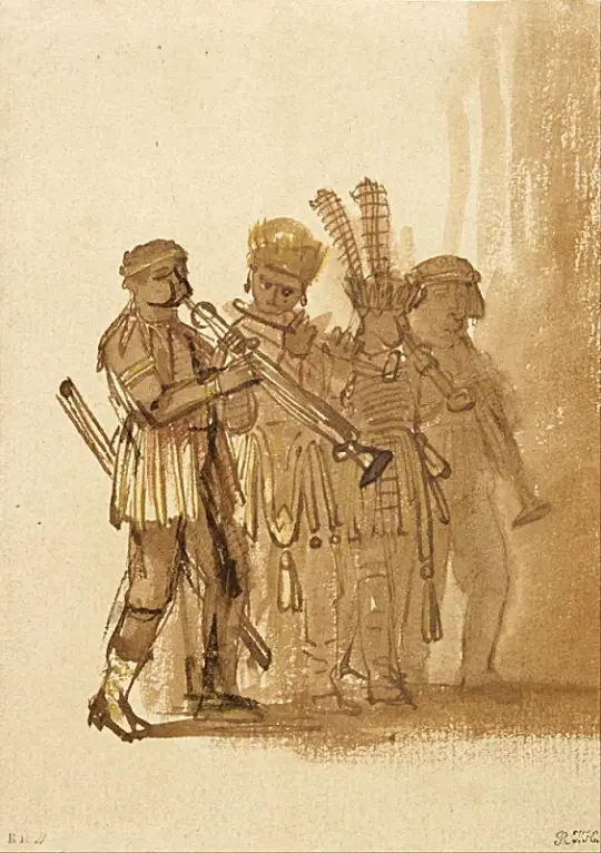 Rembrandt van Rijn | Fire musikere med blæseinstrumenter - 1638 | Indrammet kunsttryk | Barok | formida
