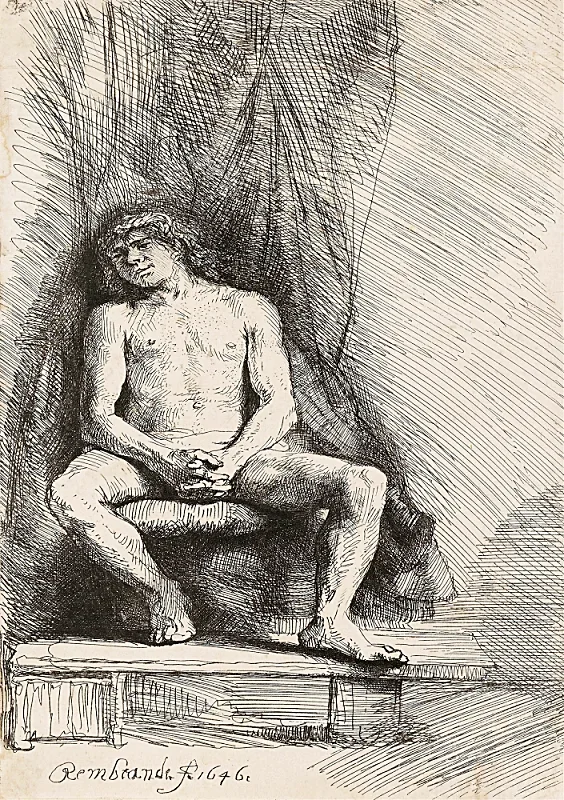 Rembrandt van Rijn | Nøgen mand siddende foran et forhæng - 1646 | Indrammet kunsttryk | Barok | formida