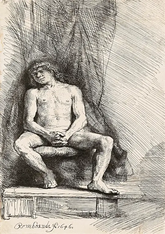 Rembrandt van Rijn | Nøgen mand siddende foran et forhæng - 1646 | Indrammet kunsttryk | Barok | formida