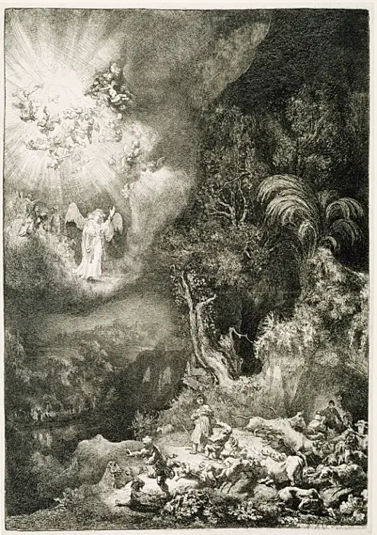 Rembrandt van Rijn | Englen viser sig for hyrderne - 1634 | Indrammet kunsttryk | Barok | formida